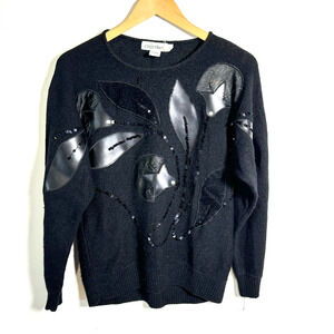 Vintage Cristina Black Sequin Leather Applique Knit Sweater Silk and Angora Sz L